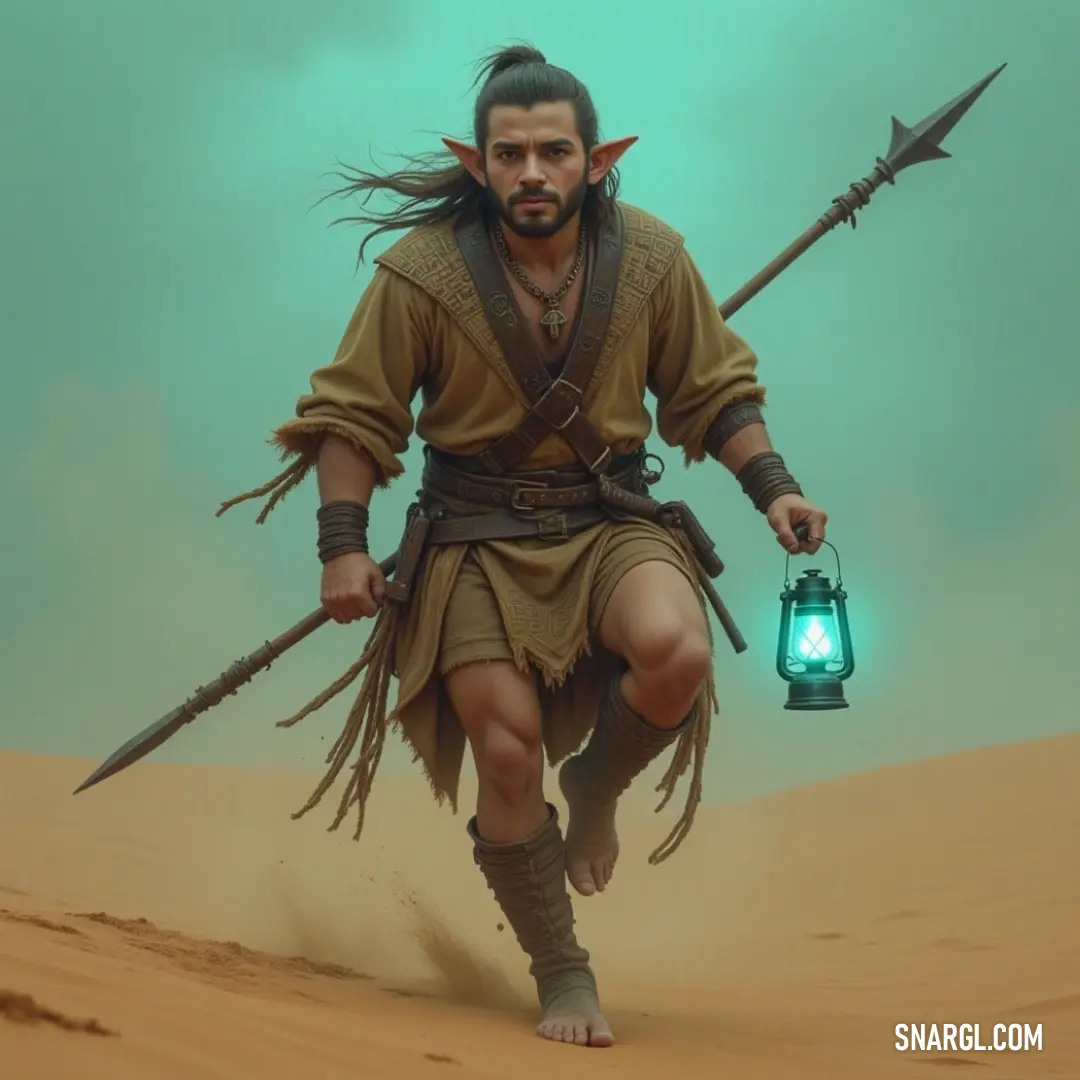 A courageous adventurer in a desert at sunset, wielding a lantern and a spear, ready for the journey ahead. A brave figure stands in an expansive desert landscape, clutching a glowing lantern in one hand while the other grips a formidable spear, casting a determined gaze into the horizon as the sun sets in vibrant hues, creating an atmosphere of adventure and i