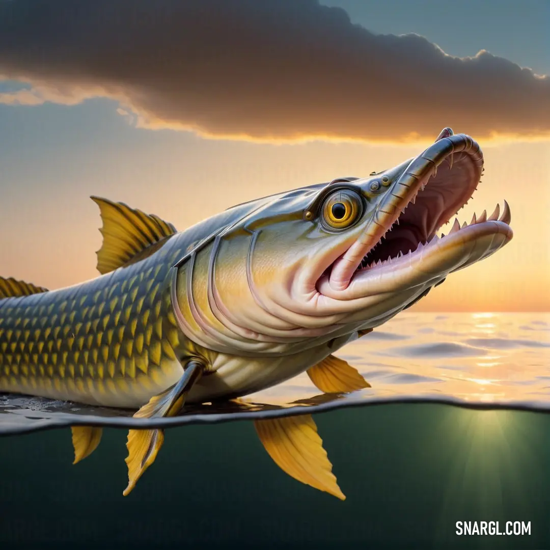 Fish with its mouth open and it's mouth wide open in the water with a sunset in the background. Color Sand dune.