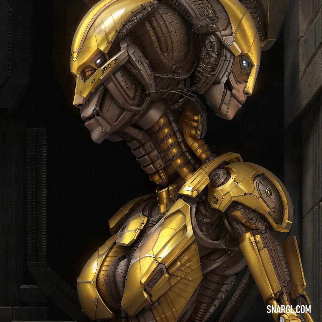 Sand dune color. Robot that is standing in a doorway with a helmet on it's head and a body of gold