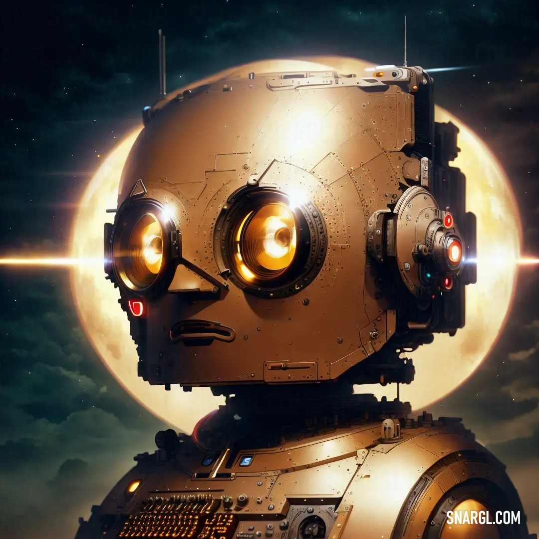 Robot with glowing eyes and a moon in the background with clouds and stars in the sky