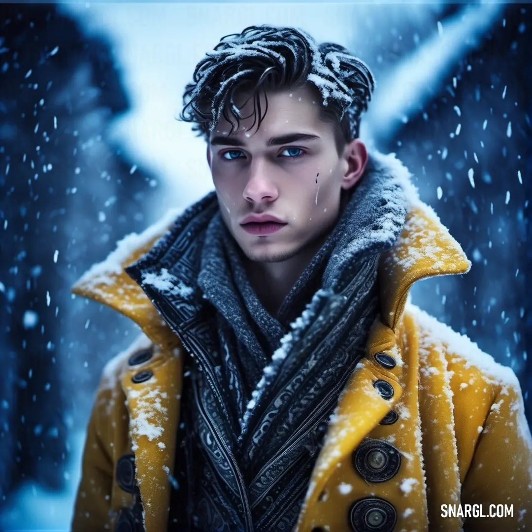 Man in a yellow coat in the snow with a black scarf around his neck. Color RGB 150,113,23.