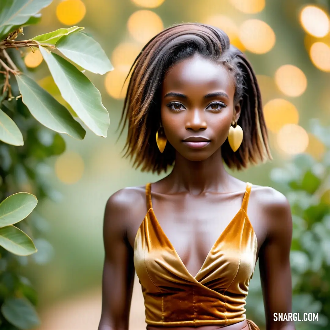 Woman with a brown top and gold earrings standing in front of a tree with green leaves and lights. Color Sand dune.