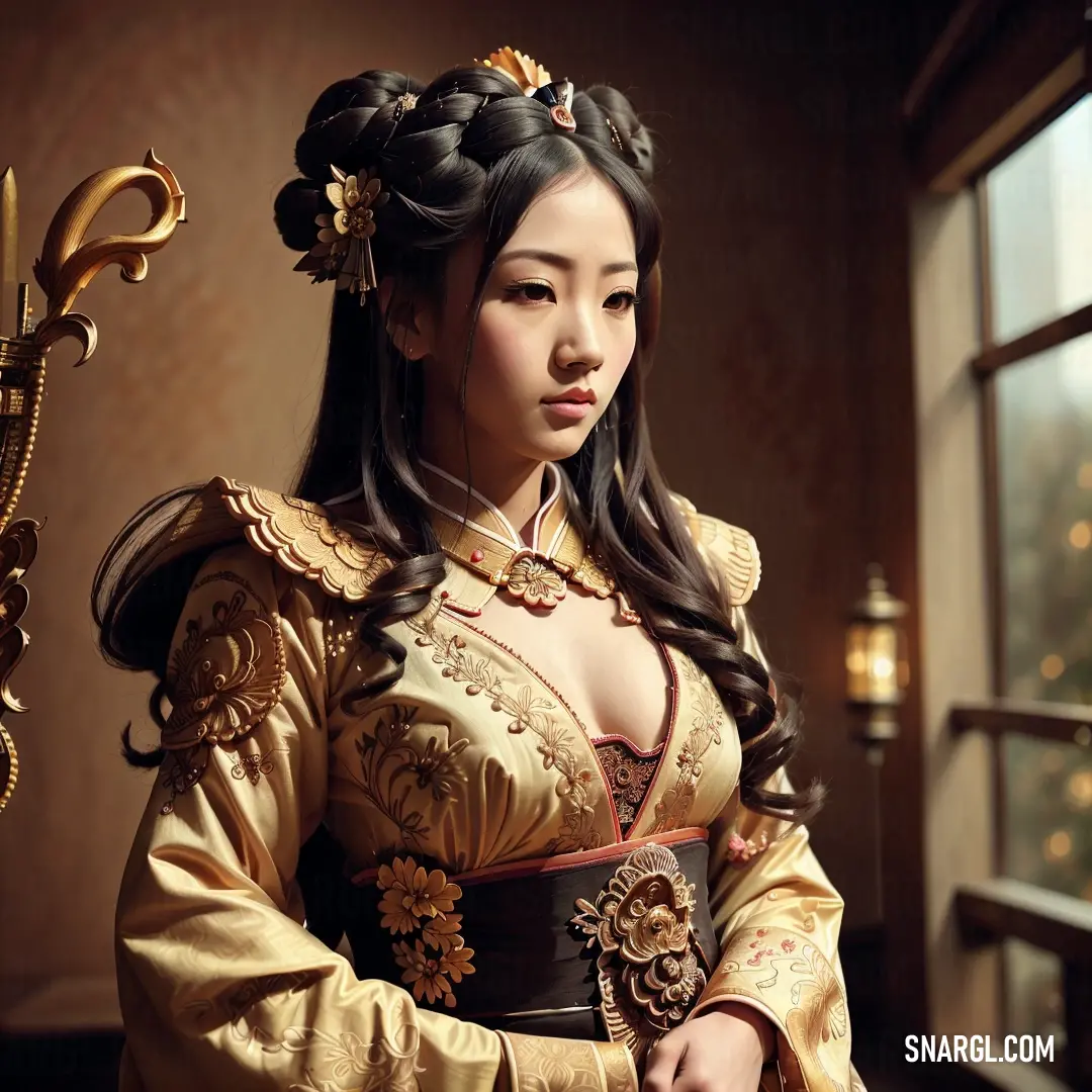 Woman in a chinese costume standing by a window with a sword in her hand