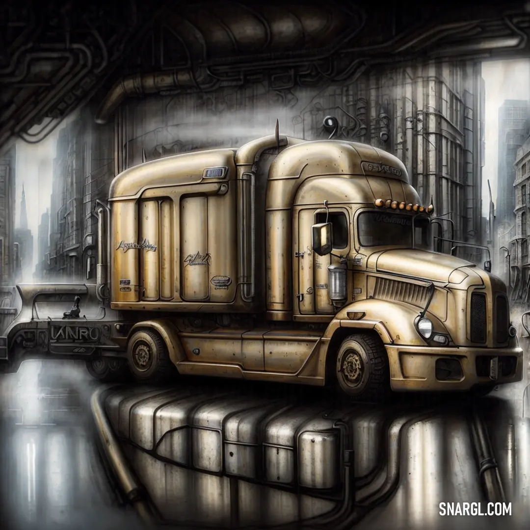 Painting of a truck in a city setting with a reflection of the truck in the water below it