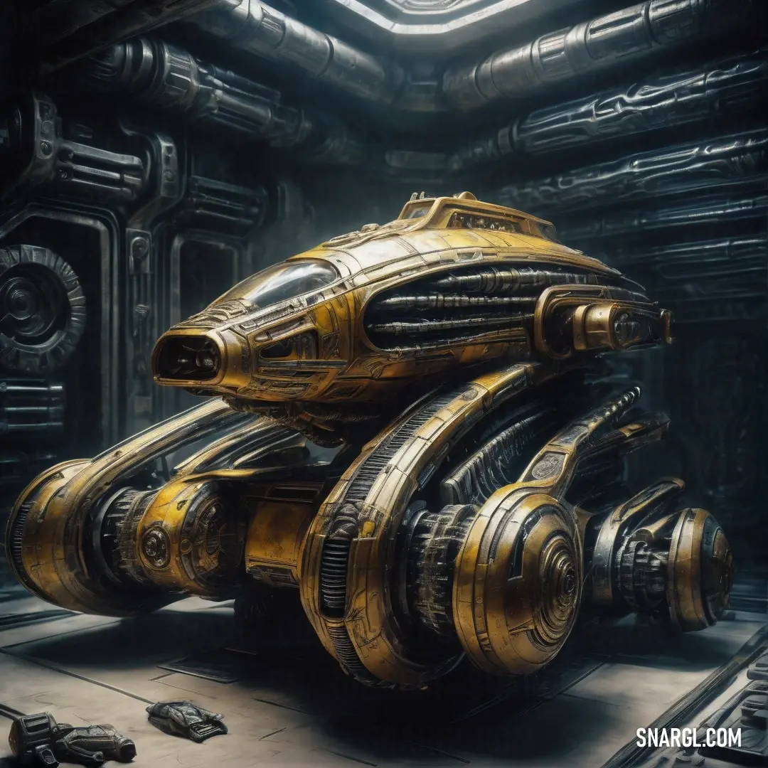 Futuristic looking machine with a large yellow engine on it's side in a dark room with a circular window. Color RGB 194,178,128.