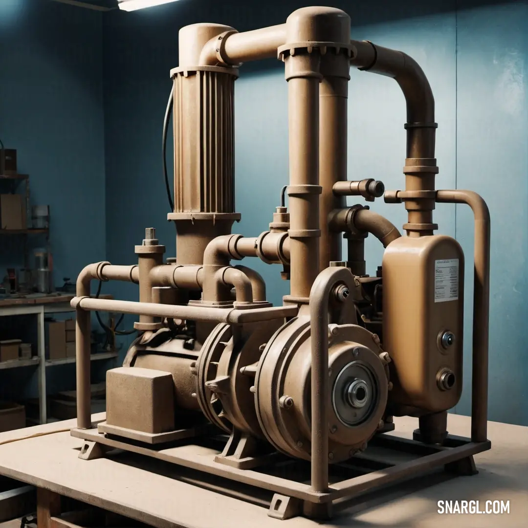 Sand color example: Large industrial machine is on a table in a room with blue walls