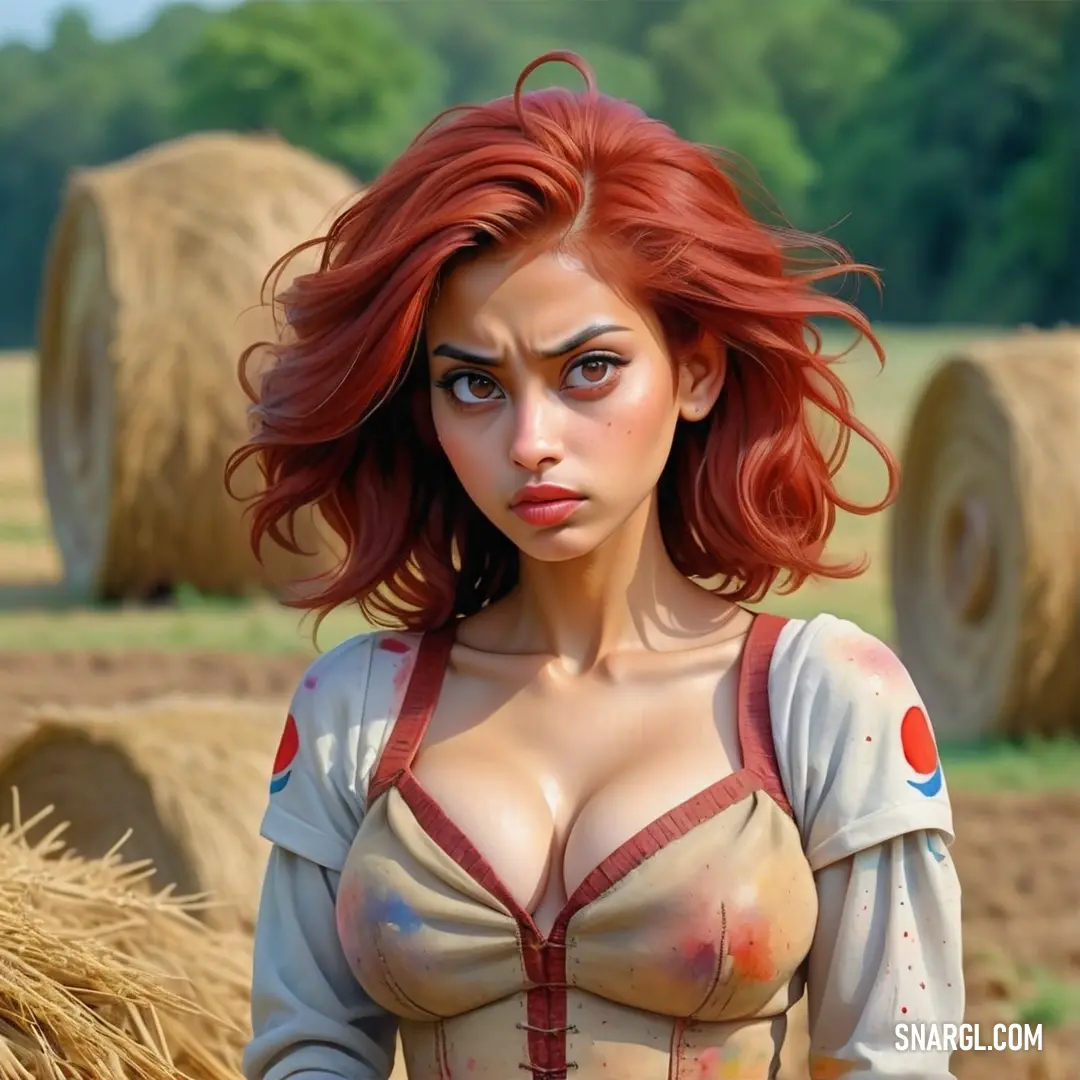 Sand color. Woman with red hair and a bra top standing in a field of hay bales
