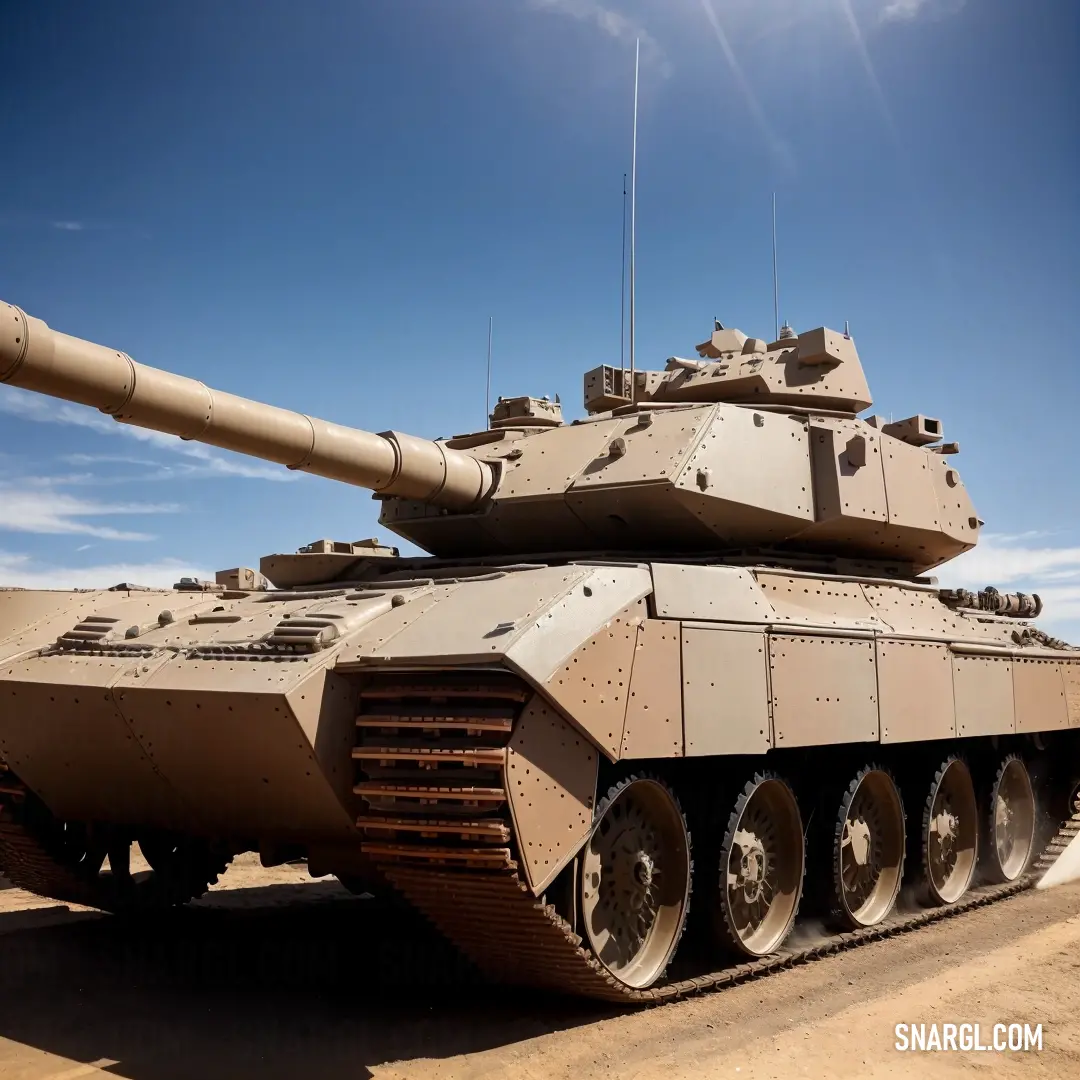 Tank is parked in a desert area with a blue sky in the background