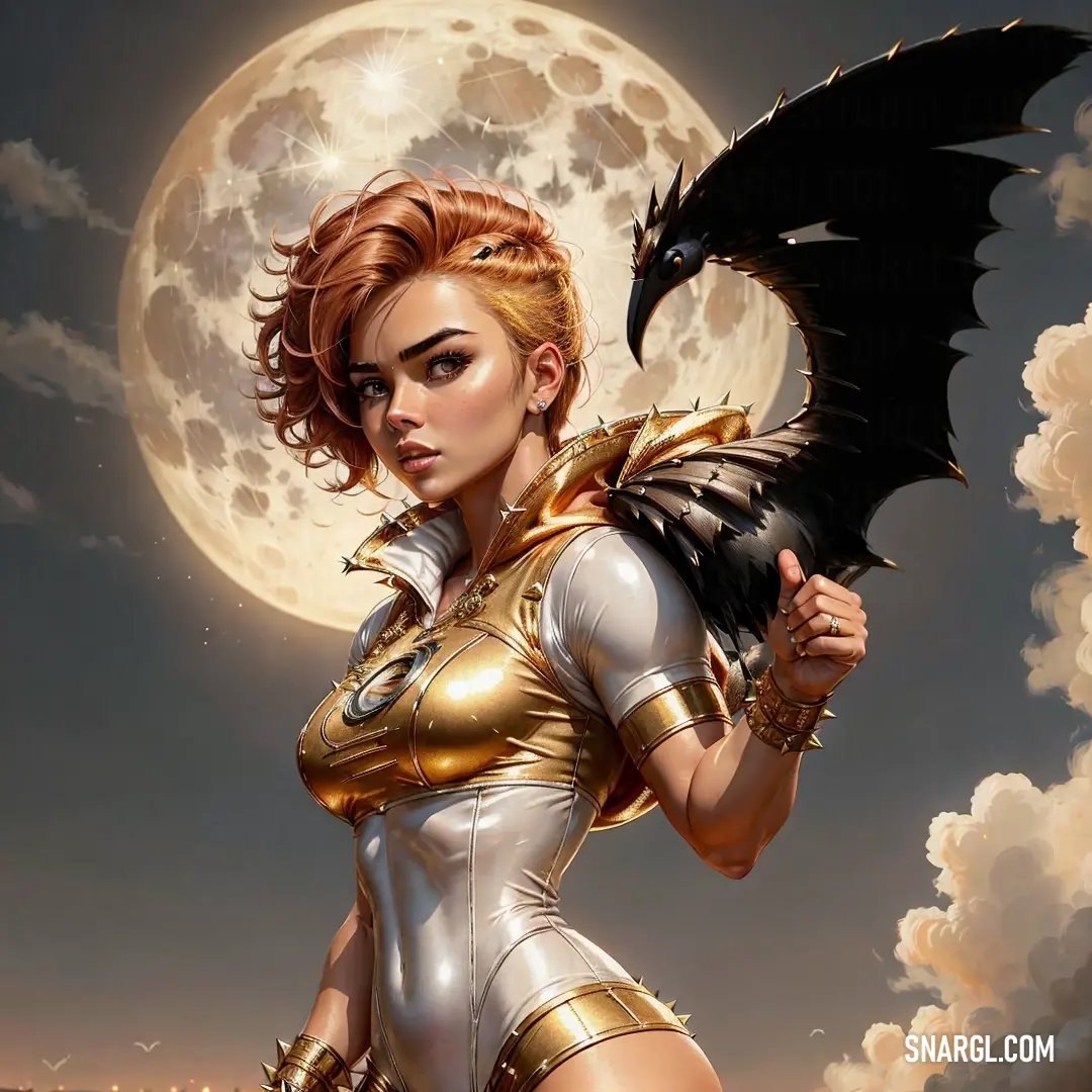 Woman in a costume with a bat wings on her shoulder and a full moon in the background with clouds