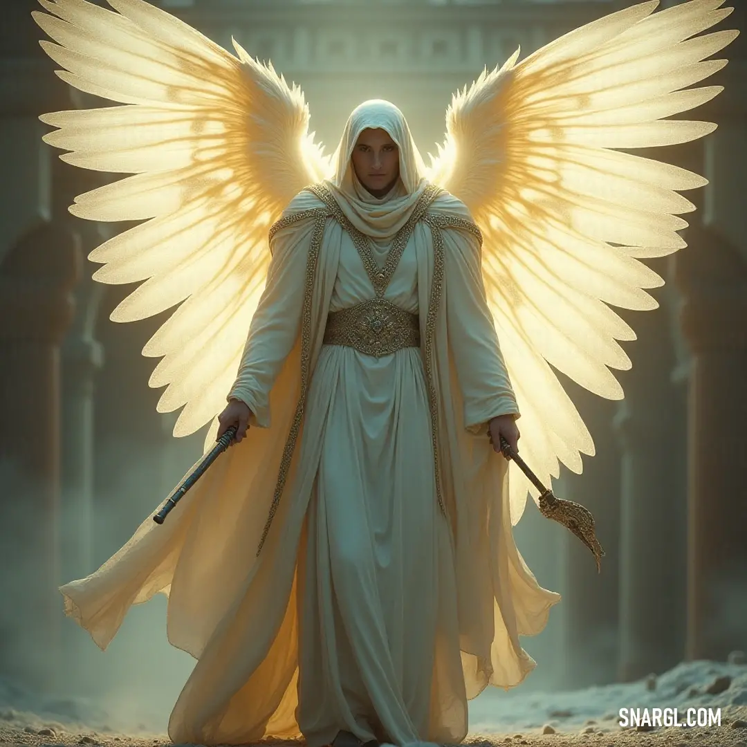 Sandalphon, dressed in a luminous white ensemble, brandishes a sword with confidence amid splendid wings, symbolizing purity and strength against encroaching darkness. Sandalphon dons a resplendent white outfit that flows elegantly as he grips a sword firmly in hand. With wings unfurled behind, he embodies divine beauty and fierce determination, standing ready to confront the shadows that dare to approach.