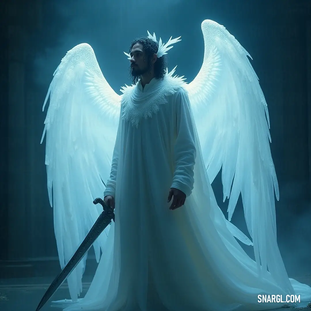 A majestic figure cloaked in pure white, their magnificent wings spread wide as they wield a gleaming sword. The aura surrounding them exudes serenity and power, commanding respect and admiration.