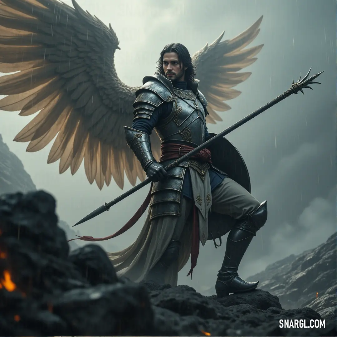 Sandalphon, armored and winged, standing resolutely on a rock, sword raised high amidst the rainstorm. A powerful figure clad in intricate armor, Sandalphon stands tall on a jagged rock, his large wings spread wide behind him as rain pours down around him. Holding a gleaming sword, his presence exudes strength and determination in the storm.