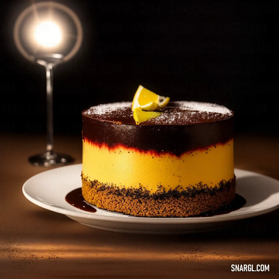 Cake with a slice of lemon on top of it on a plate with a light bulb in the background