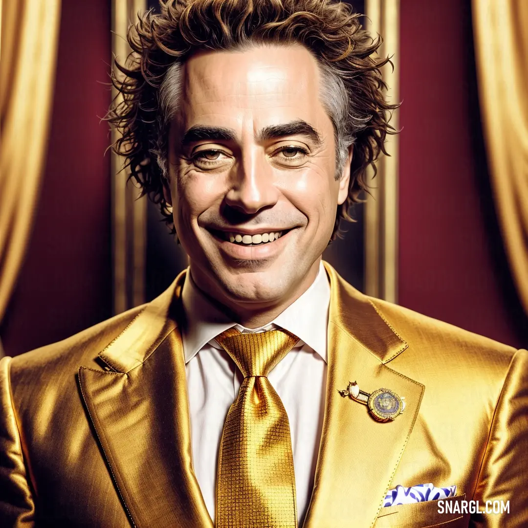 Man in a gold suit smiling for a picture with a gold tie and a gold jacket on his lapel