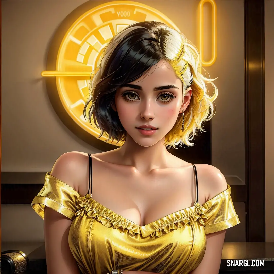 Painting of a woman in a gold dress with a sci - fi, Artgerm. Color CMYK 0,10,73,7.
