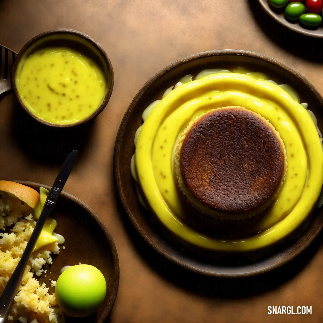 Plate of food with a yellow sauce on it and a bowl of fruit in the background with a spoon