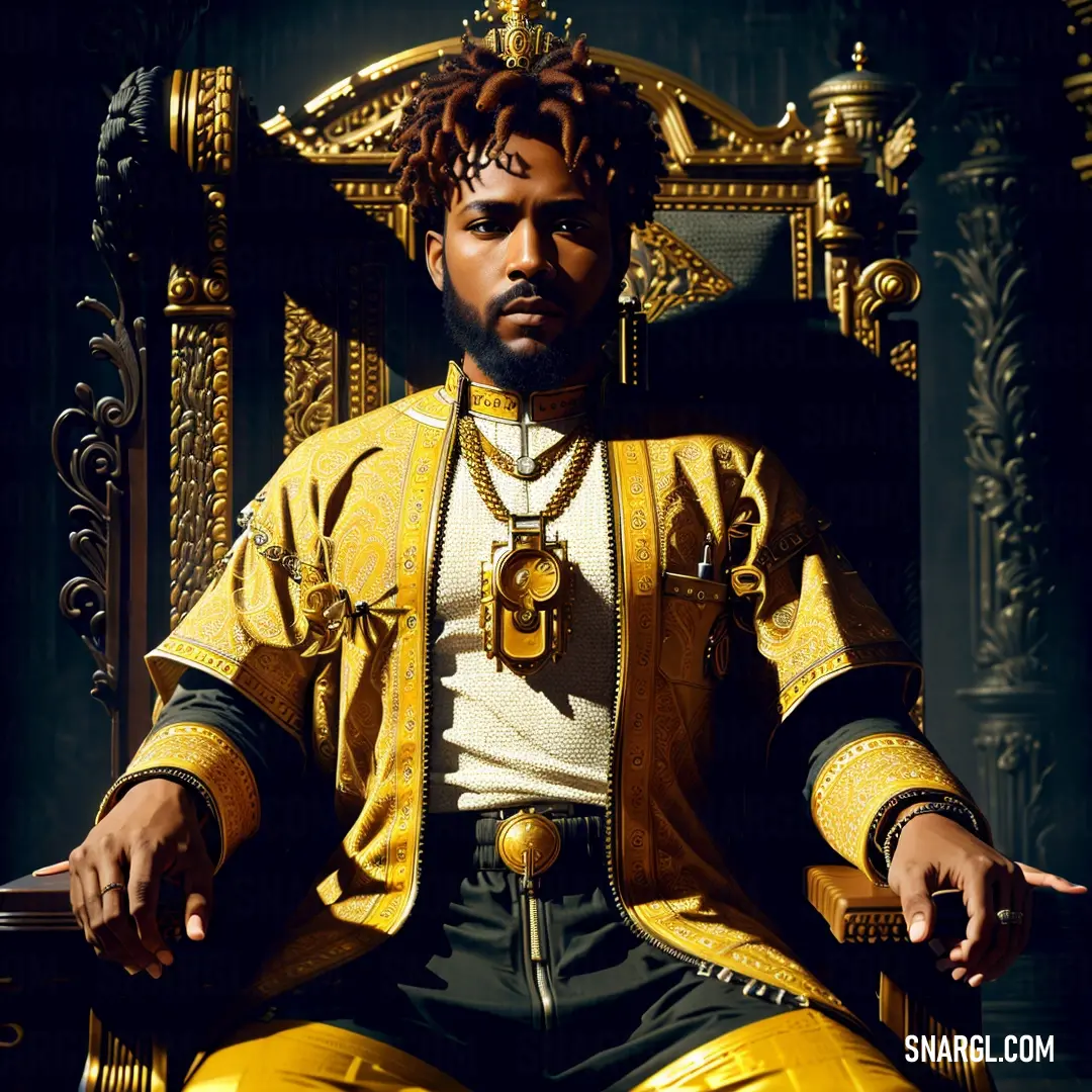 Man in a chair with a gold necklace on his neck. Color CMYK 0,10,73,7.