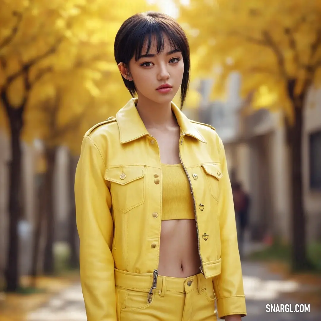 Woman in a yellow jacket and yellow pants standing in front of trees with yellow leaves on them. Example of Sandstorm color.