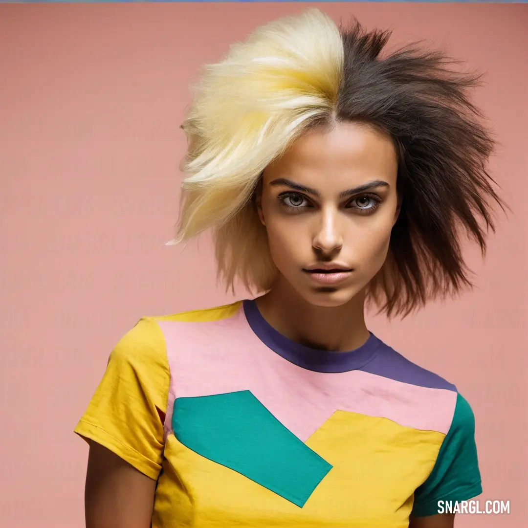 Woman with a colorful shirt and a mohawk on her head with a pink background. Color Sandstorm.