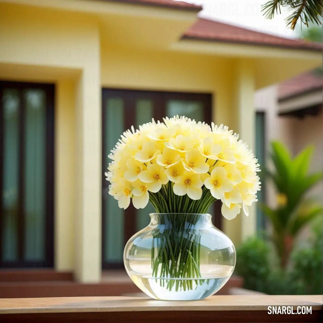 Vase filled with yellow flowers on a table outside a house with a palm tree in the background. Example of Sandstorm color.