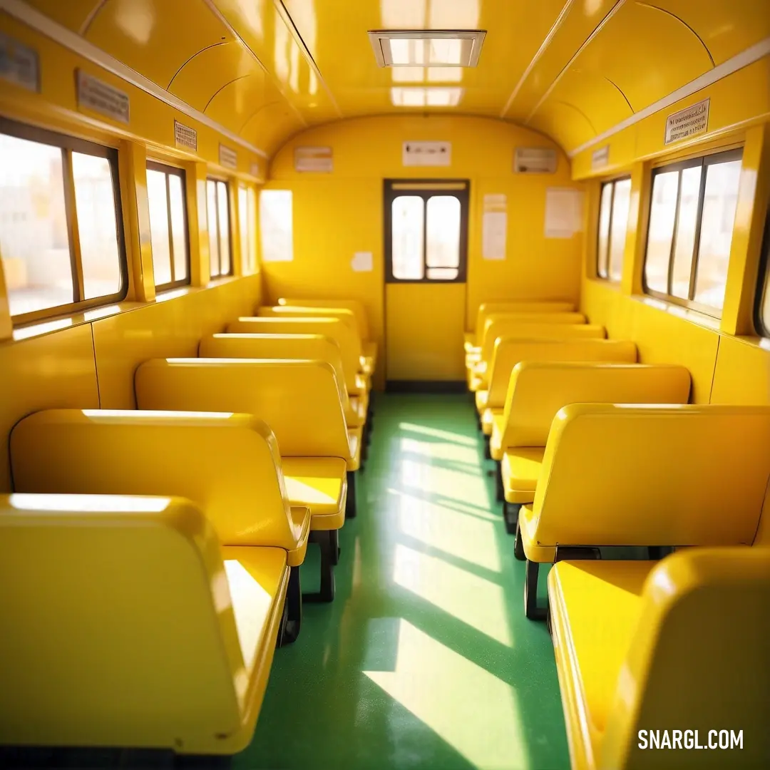 Yellow train car with lots of seats and windows on it's sides and a green floor. Example of Sandstorm color.