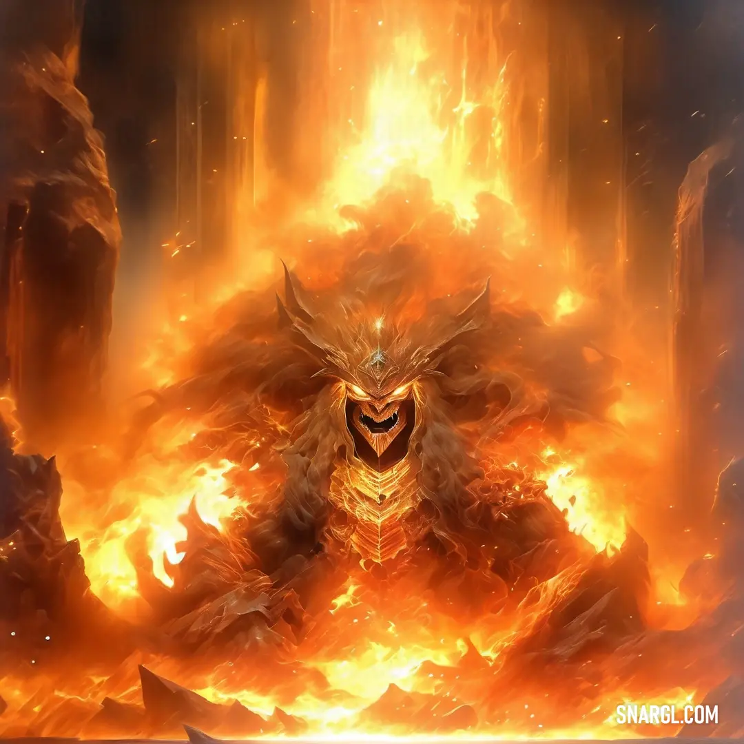 Demonic creature surrounded by flames in a dark cave with a giant demon face on it's chest. Example of Sandy brown color.