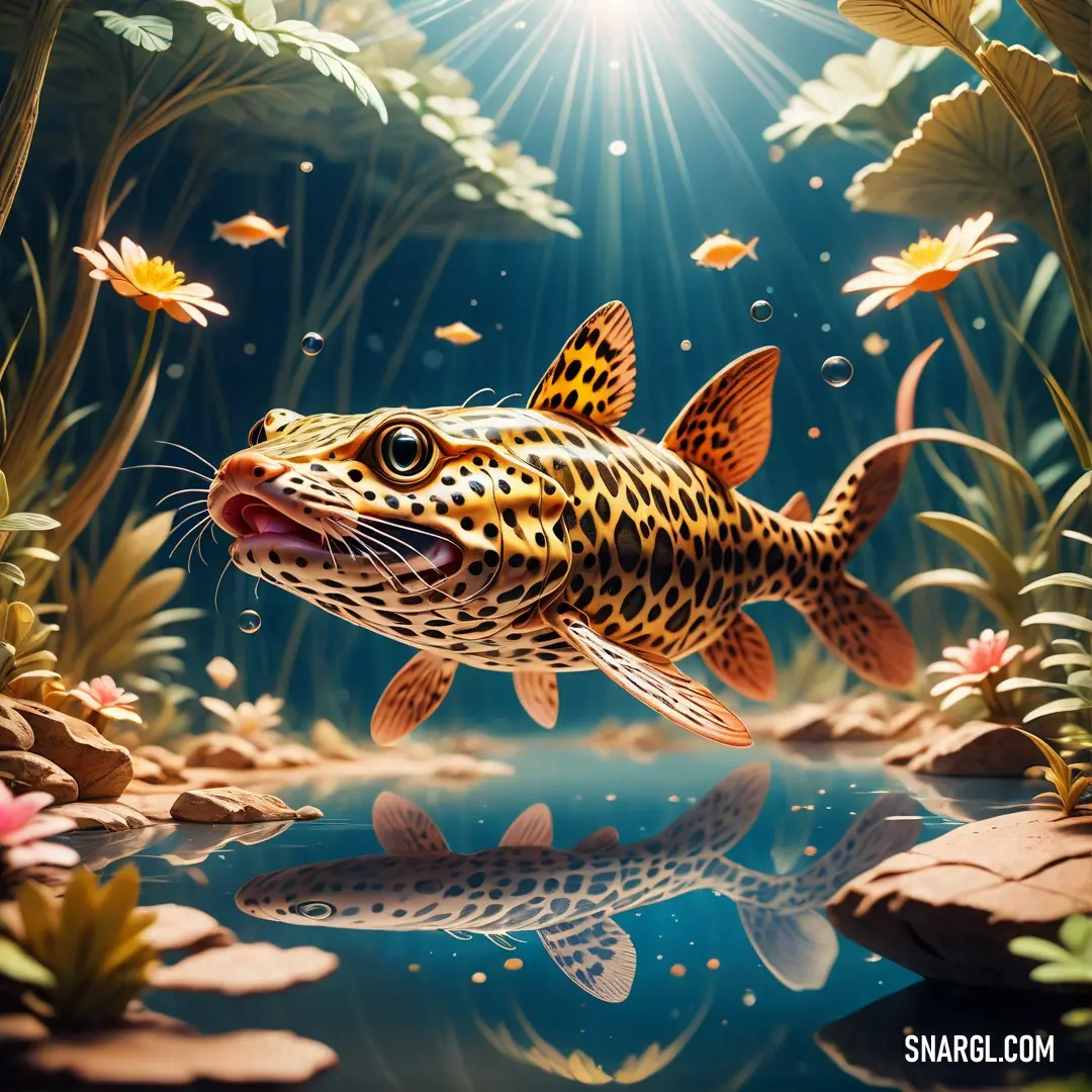 Fish that is swimming in some water near some plants and flowers and a sunburst above it