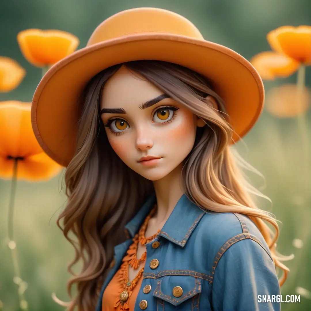 Girl with a hat and a blue shirt and orange shirt and a field of flowers. Example of CMYK 0,33,61,4 color.