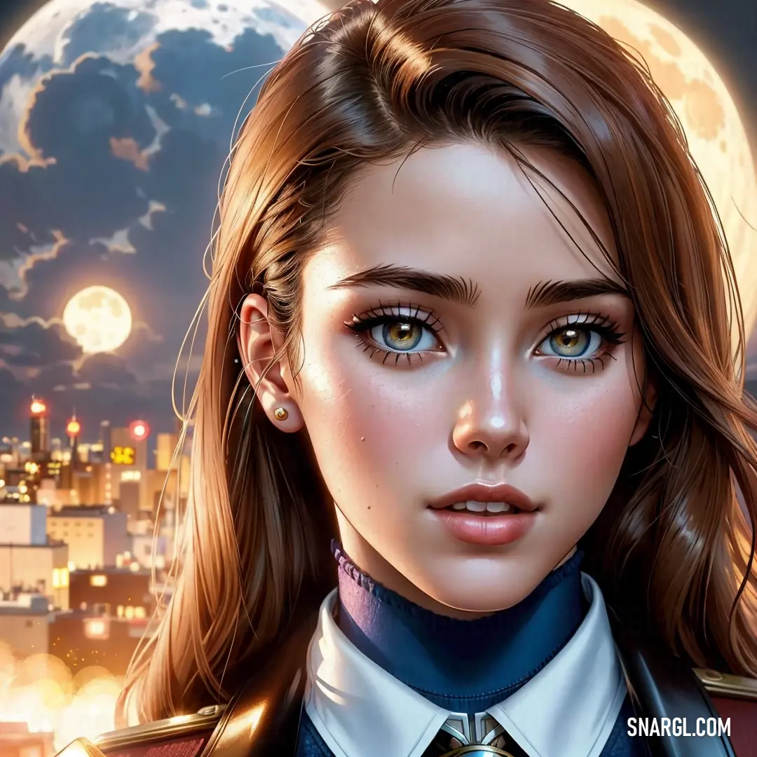 Girl with a tie and a suit on in front of a full moon and cityscape
