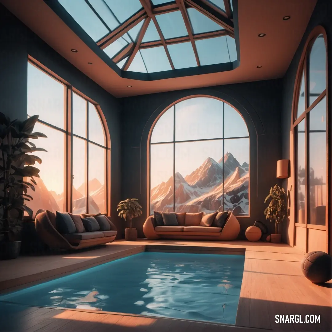 Large indoor swimming pool with a view of mountains outside the window and a couch in the middle of the pool. Example of CMYK 0,33,61,4 color.