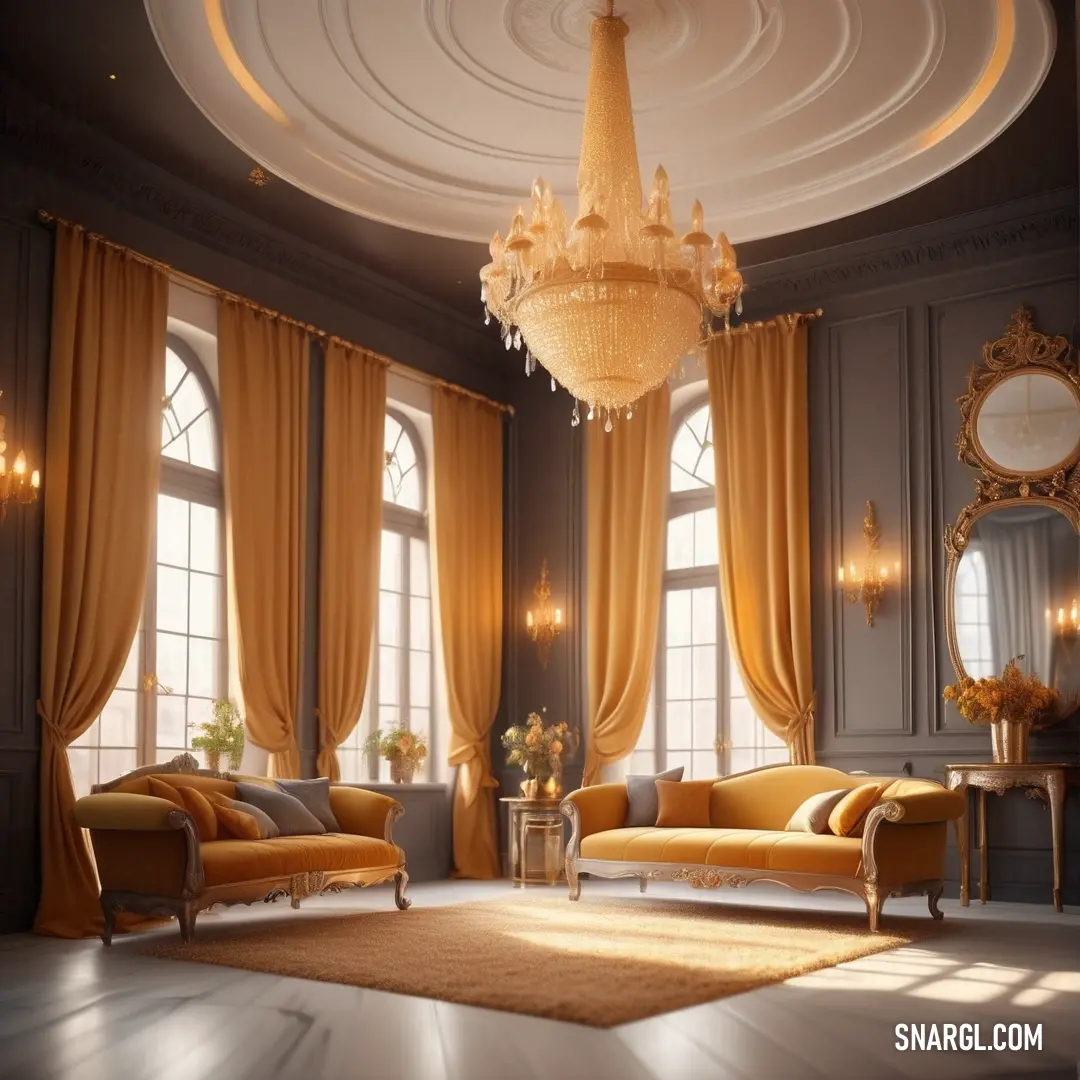 Living room with a chandelier and a couch and chairs in it and a rug on the floor. Color #F4A460.