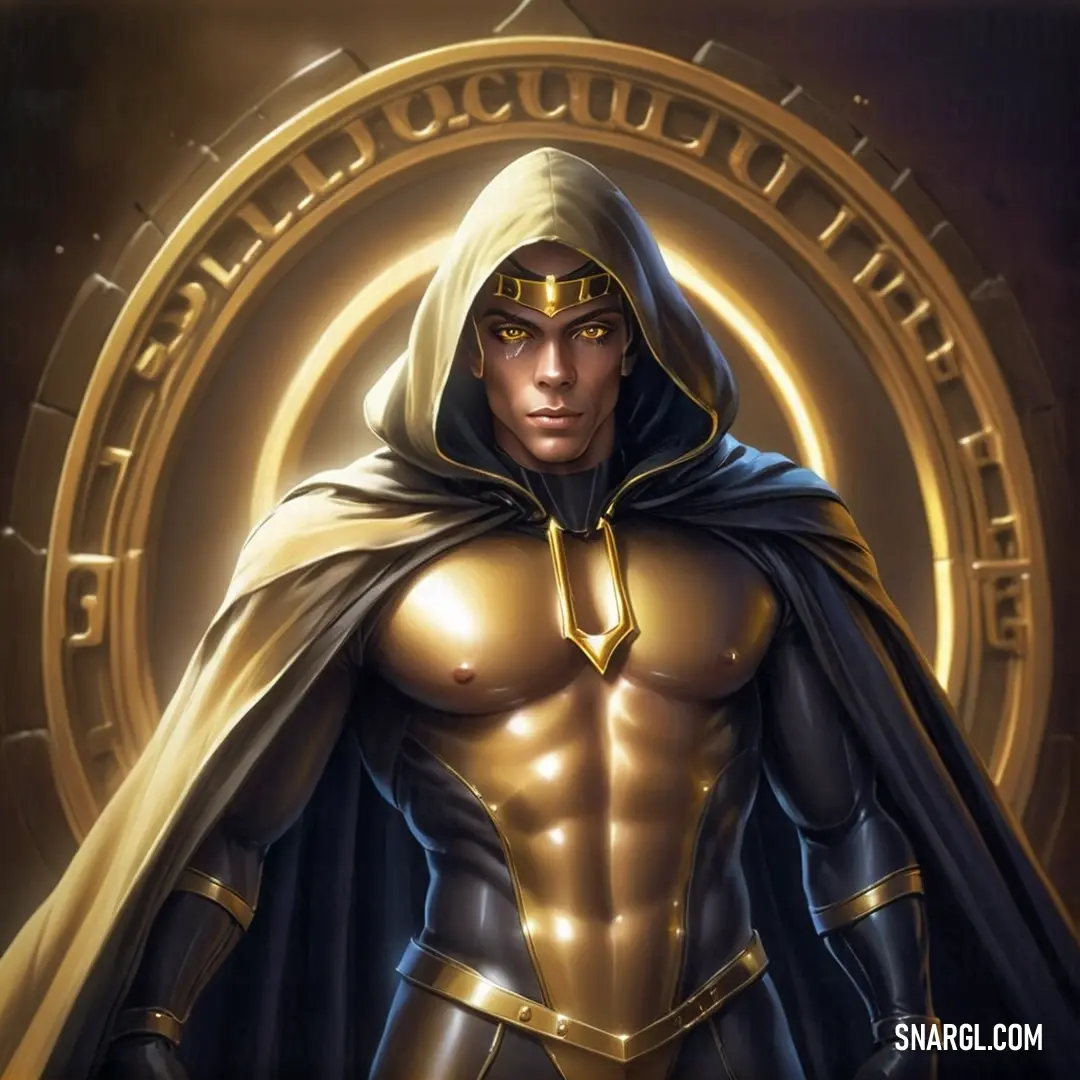 Man dressed in a gold and black outfit with a hood on and cape over his shoulders and a golden ring around his neck