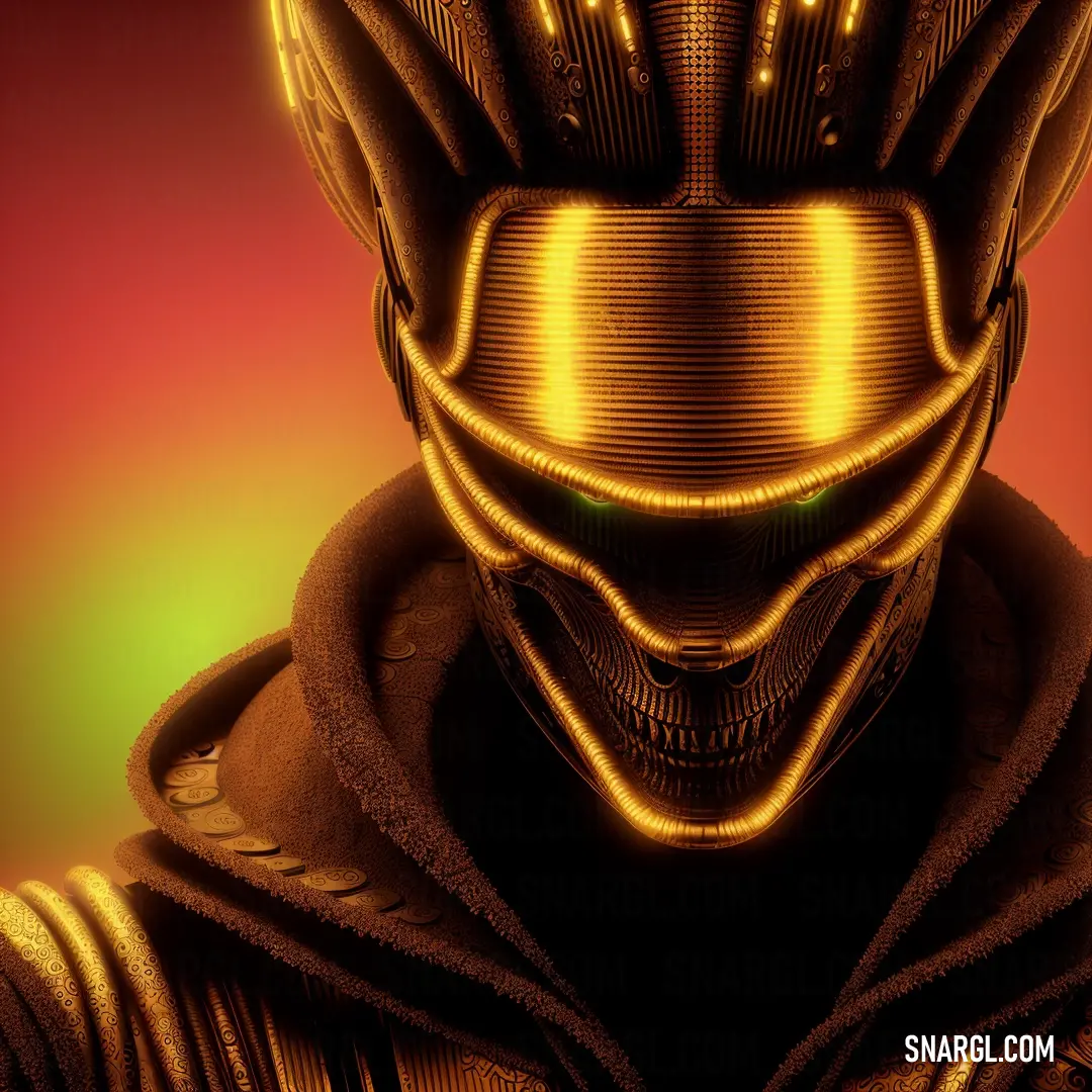 Man in a gold suit with a helmet on his head and a red background with a yellow light