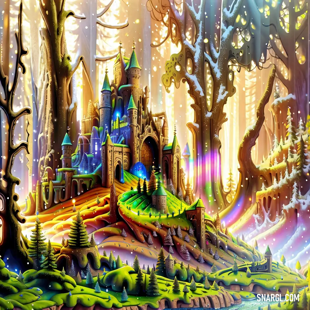Painting of a castle in the woods with a rainbow light coming from it's windows and trees