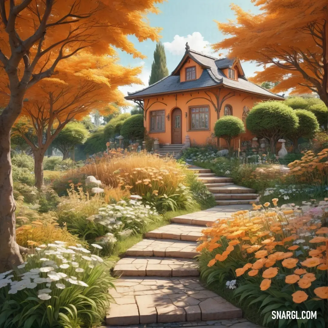 Painting of a house in a garden with flowers and trees around it and a pathway leading to it. Color #F4A460.