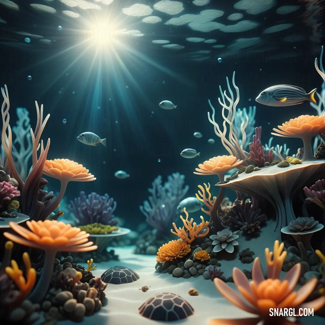 Painting of a sea life scene with corals and fish in the water and a sunbeam above. Color CMYK 0,33,61,4.