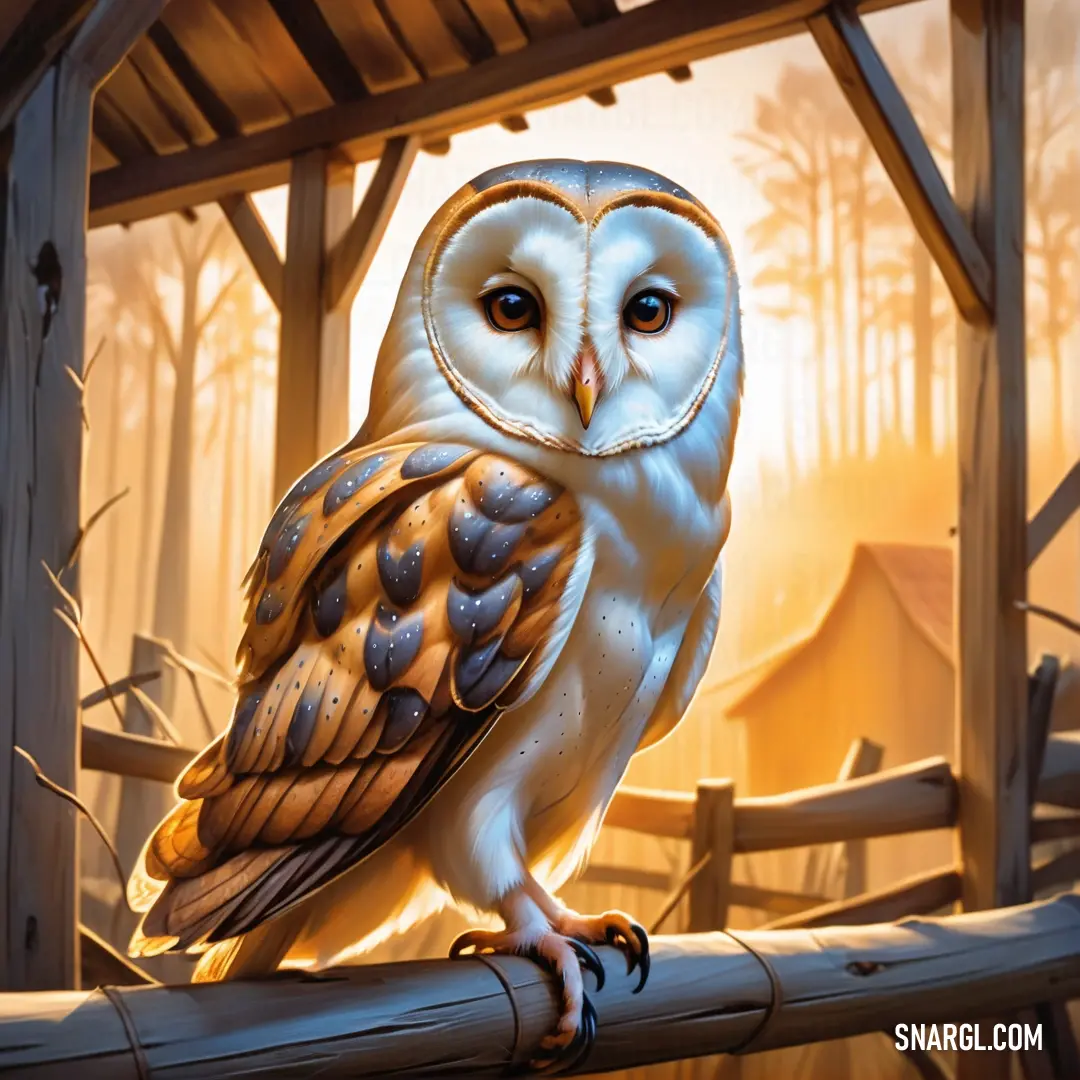 Painting of an owl on a branch in a forest setting with a tent in the background