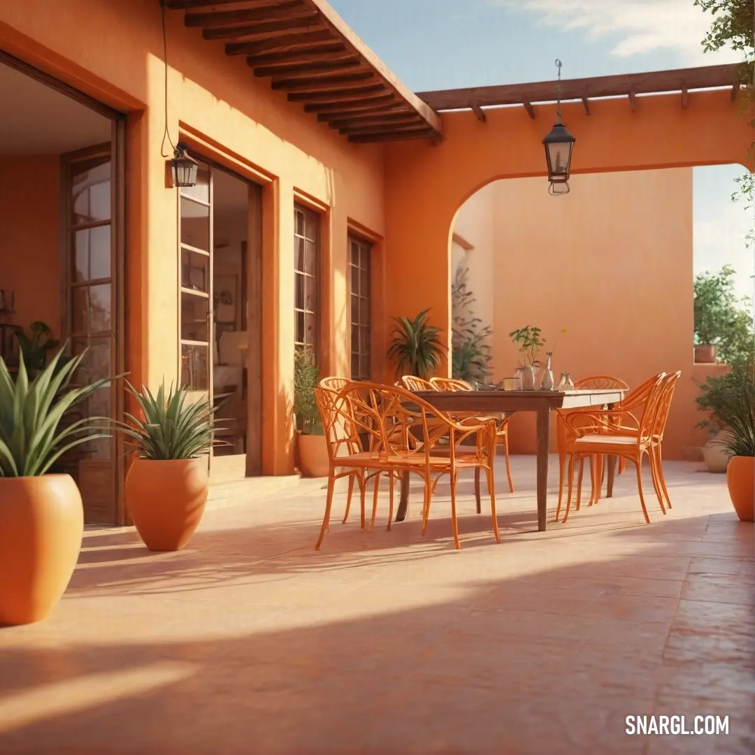 Patio with a table and chairs and potted plants on the side of the patio area of a house. Example of CMYK 0,33,61,4 color.