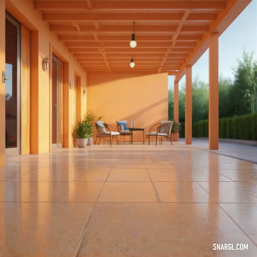 Patio with a table and chairs and a potted plant on the side of the patio area of a house. Example of RGB 244,164,96 color.