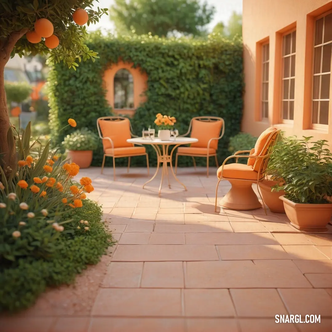 Patio with a table and chairs and a potted plant on the side of the building. Example of CMYK 0,33,61,4 color.