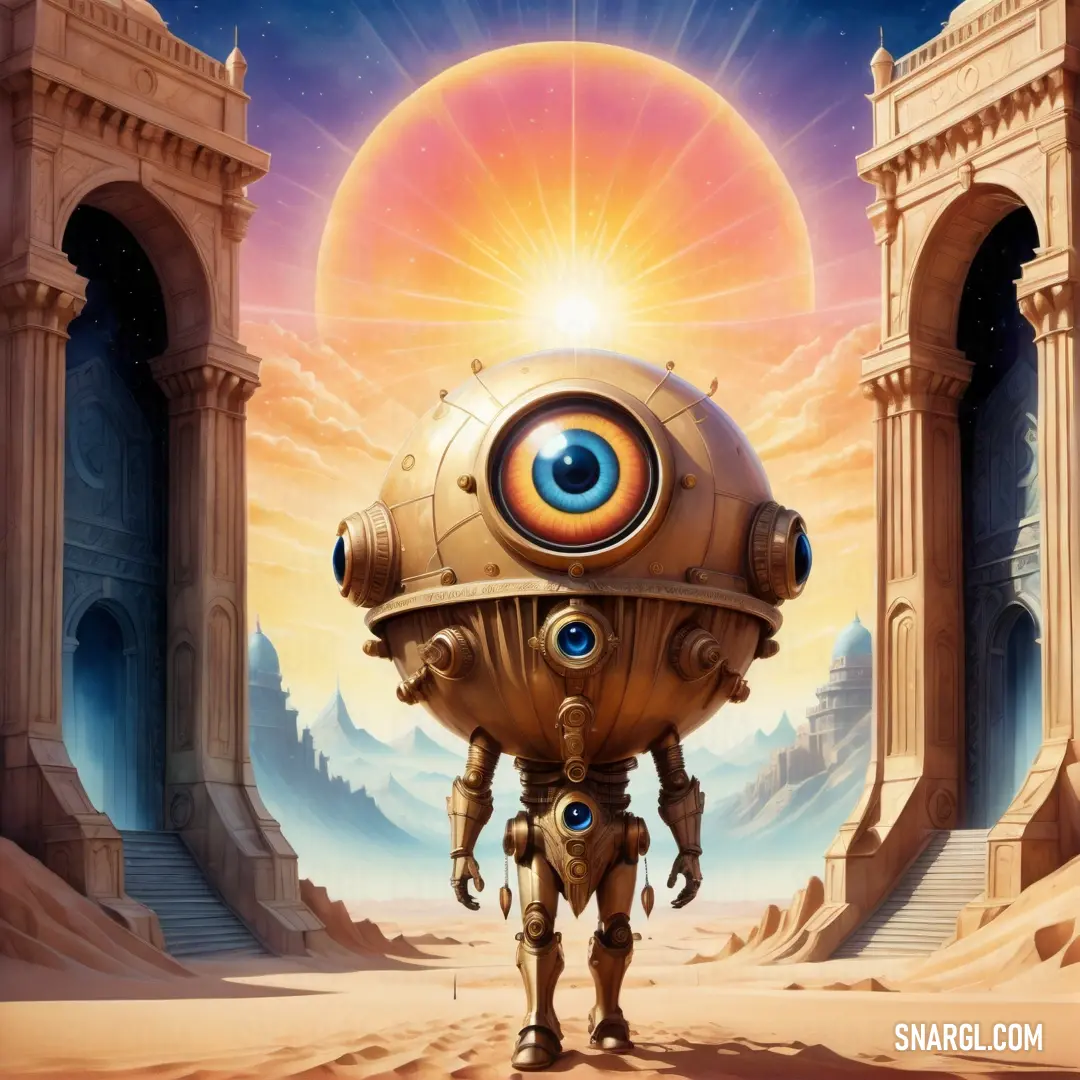 Robot with a large eye standing in front of a giant building with columns and arches in the background. Color RGB 244,164,96.