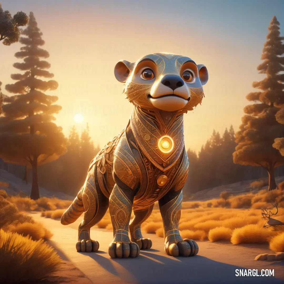 Cartoon animal standing on a road in the middle of a forest at sunset with a glowing light on its face. Color #F4A460.
