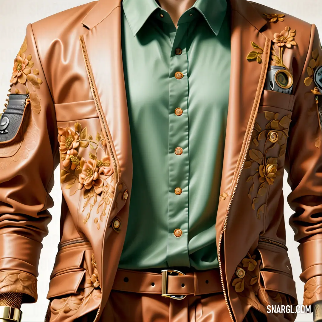 Man wearing a leather jacket with a green shirt and gold flowers on it's lapel collar. Example of #F4A460 color.