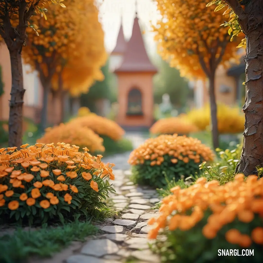 Pathway with orange flowers and trees in the background. Example of CMYK 0,33,61,4 color.