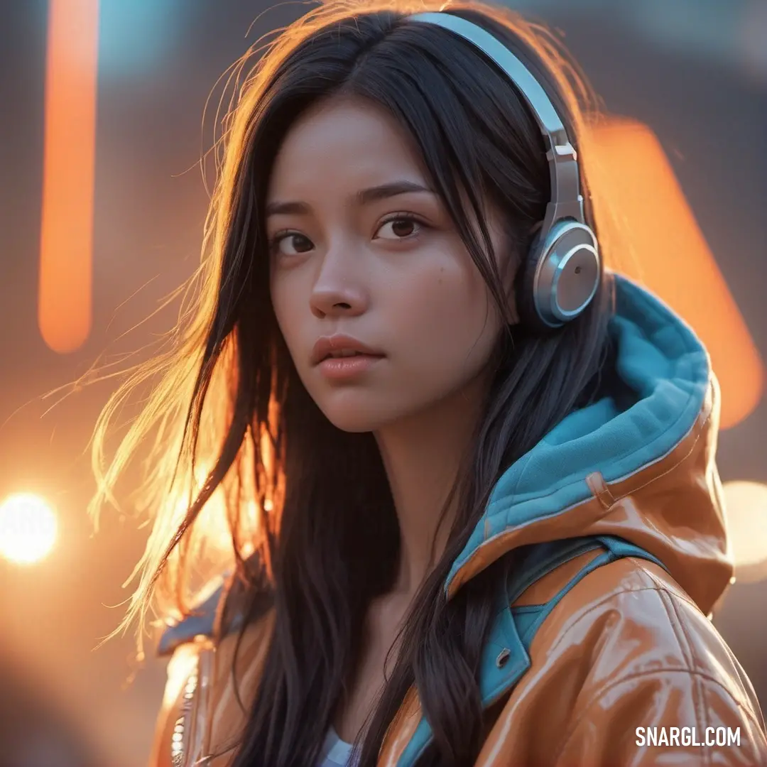 Sandy brown color. Woman with headphones on looking at the camera with a blurry background