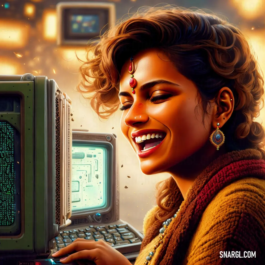 Woman smiling while using a computer with a message on the screen