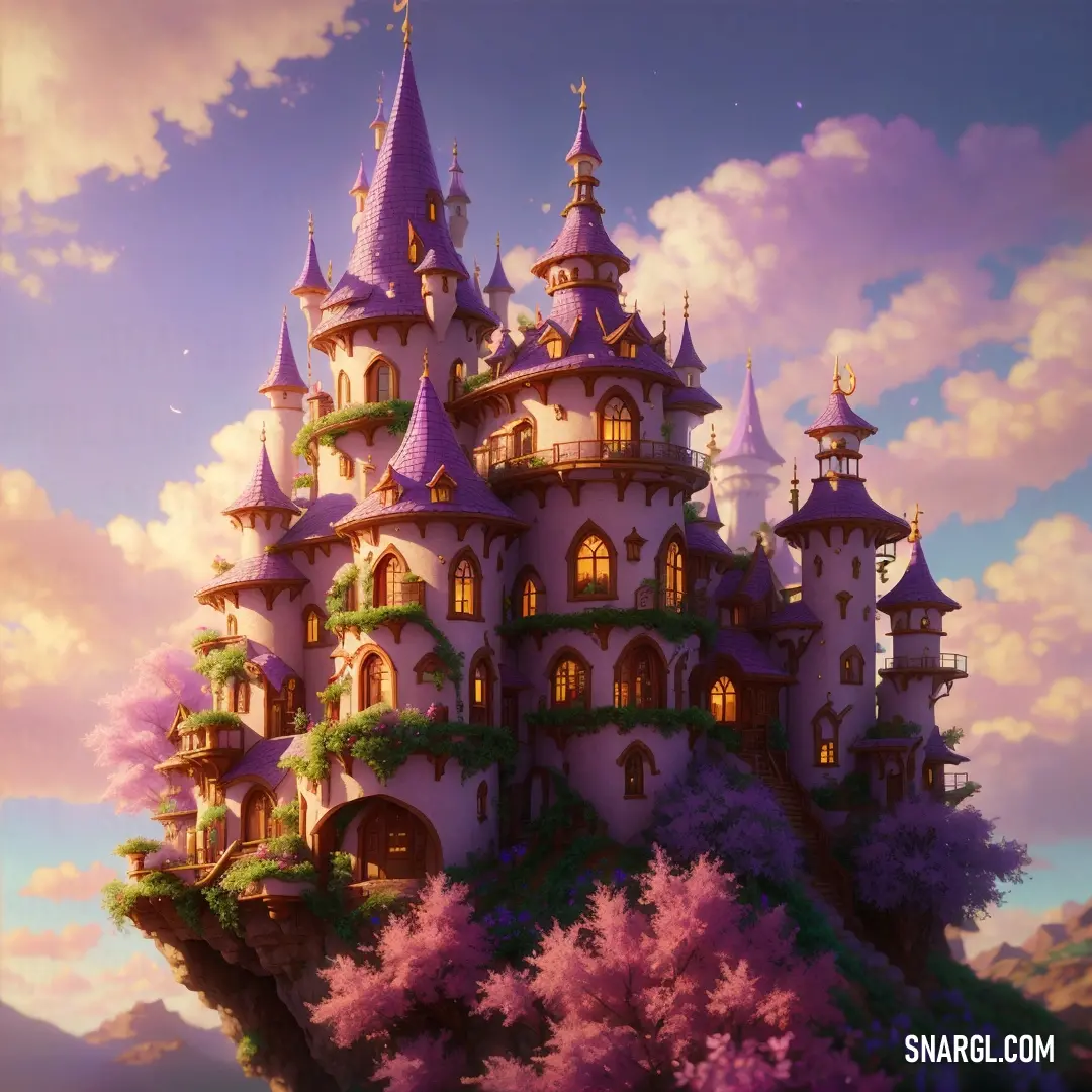 Sandy taupe color example: Castle with a lot of windows and trees on it's roof and a sky background