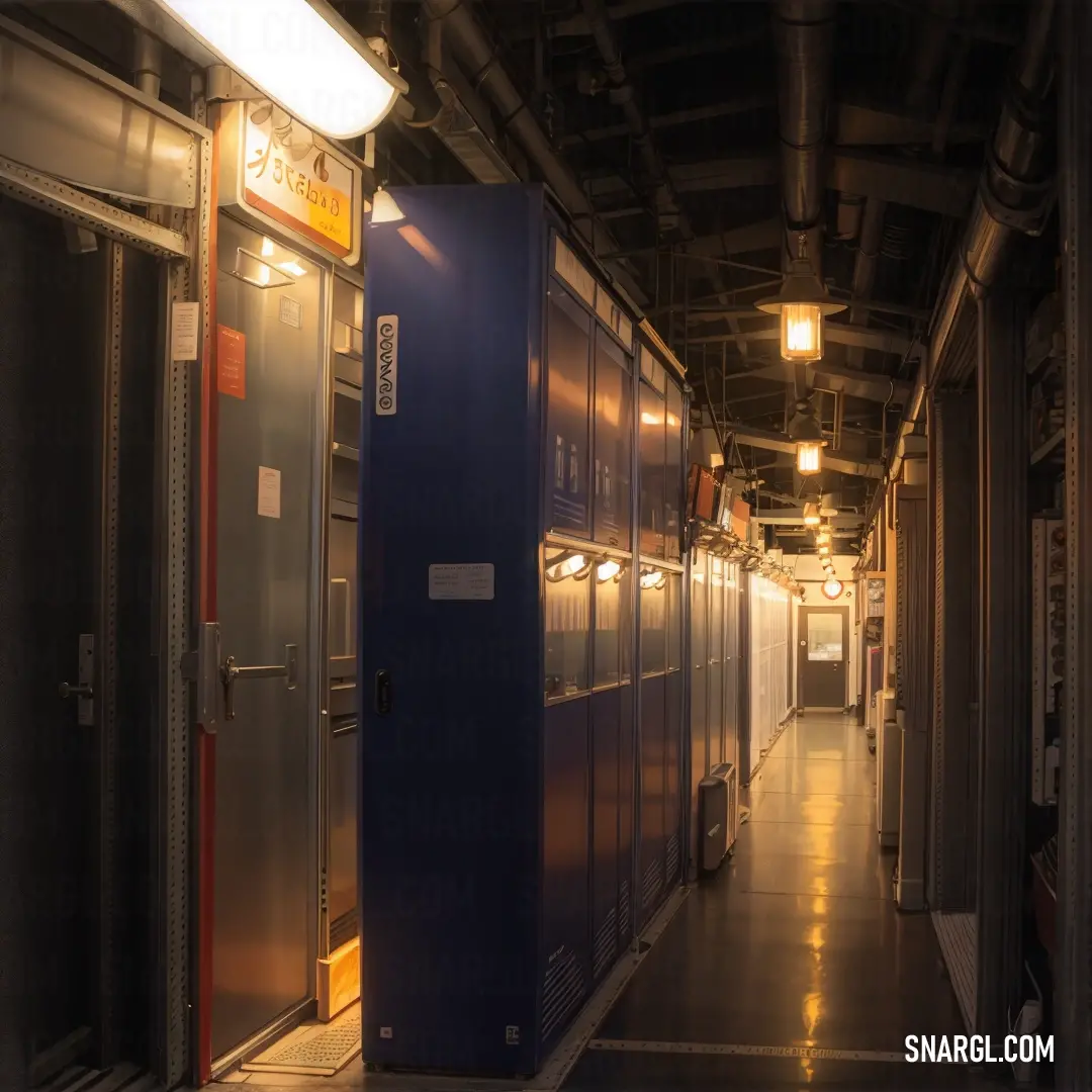 Sandy taupe color example: Hallway with a bunch of lockers and lights on the ceiling and a sign on the door that says no one is there