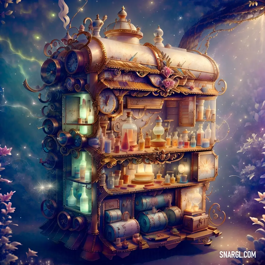 Painting of a shelf with bottles and a clock on it and a tree in the background. Example of CMYK 0,25,85,41 color.