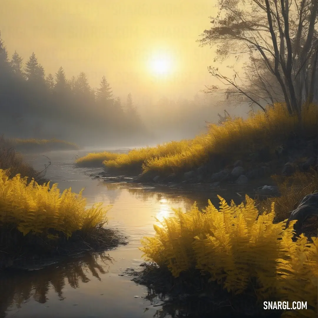 River running through a forest covered in yellow grass and trees at sunset. Example of #967117 color.